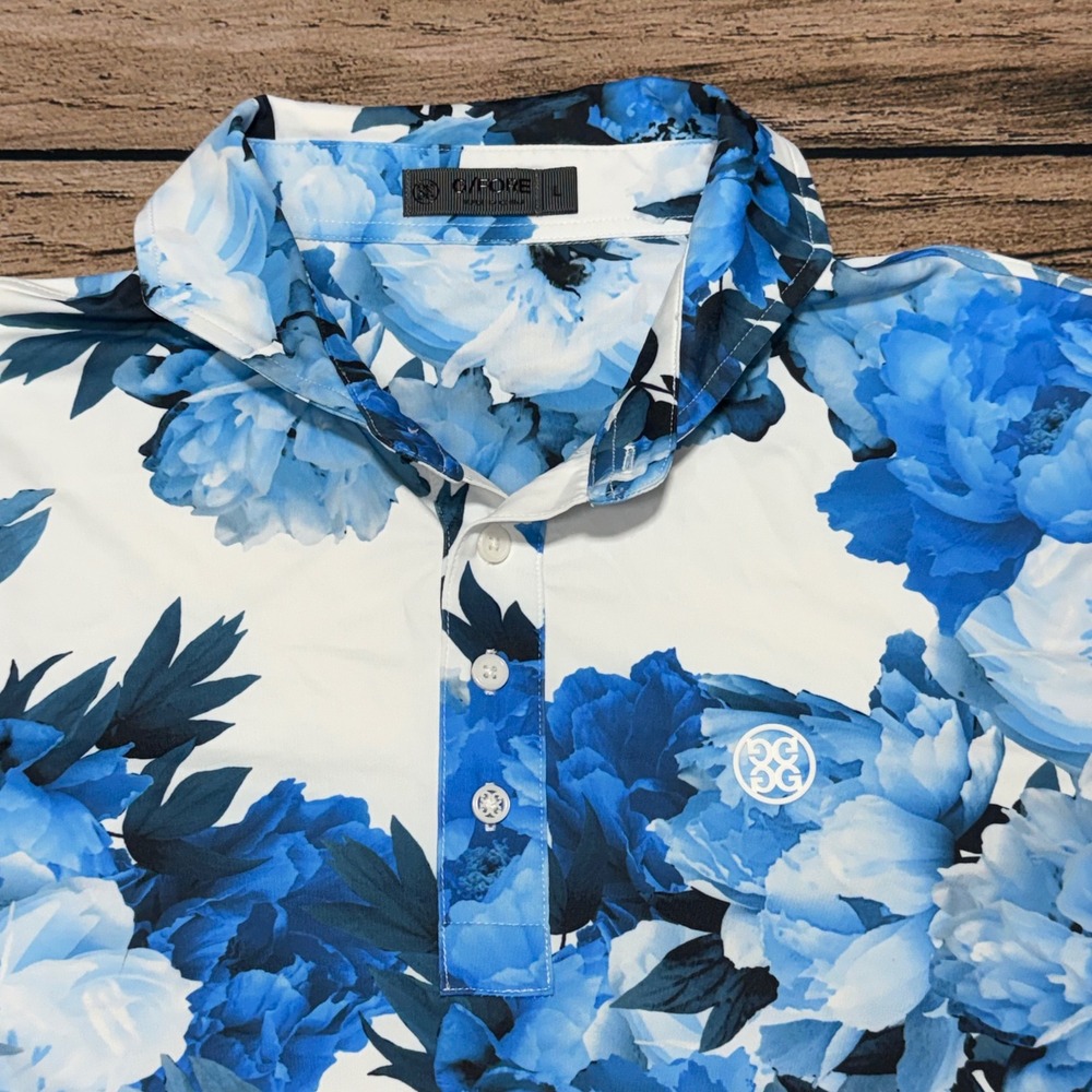 G/FORE Polo Shirt Mens Large Blue Floral Golf Performance Short Sleeve Logo
